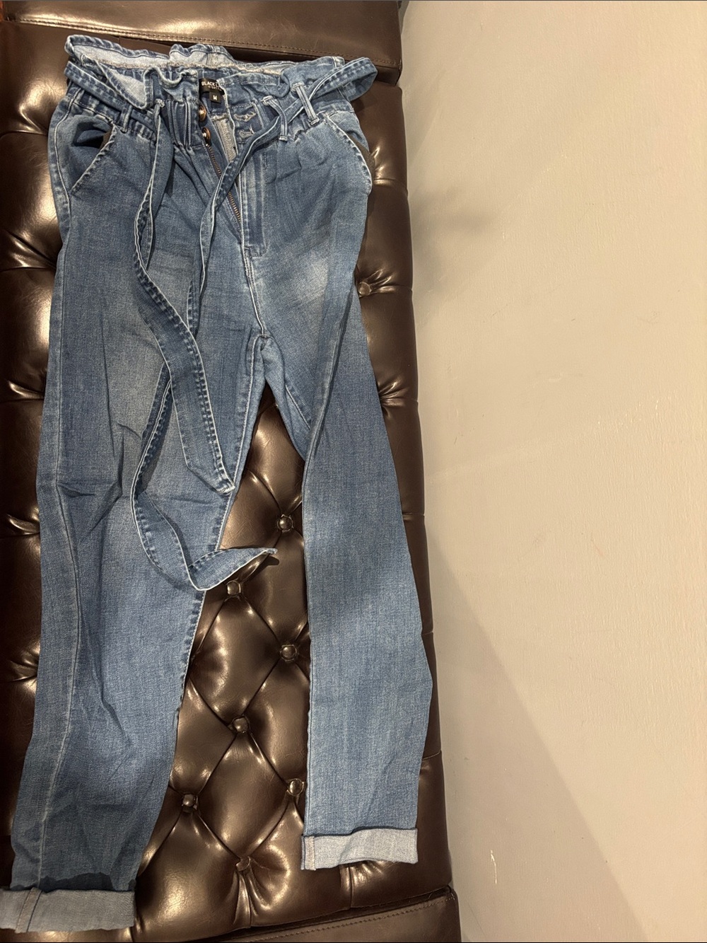 Black Label Light Blue High-Rise Paperbag Jeans with Self-Tie Belt